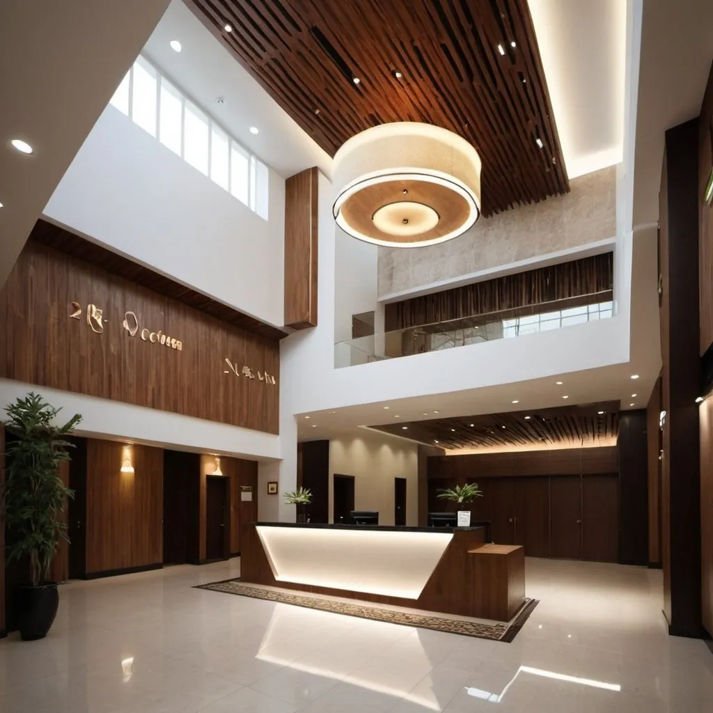 Prompt: hotel reception design double height ceiling with modern design 