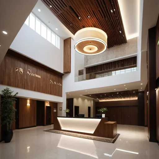 Prompt: hotel reception design double height ceiling with modern design 