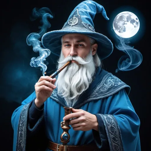 Prompt: Hyperborean wizard Smoking Pipe in Fashwave style, 16bit, frosty beard and hair, Glue robes, mystical aura, high quality, wizard, mystical, atmospheric lighting, Summer, wizard hat with moon engraved on it, all blue clothing, 