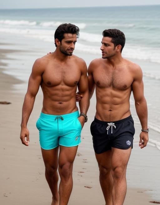 Prompt: A man wearing tight beach shorts is walking on the beach and in front of him is a hot man who is holding the man  chest while the other man is behind the manand puts his hand in the man 