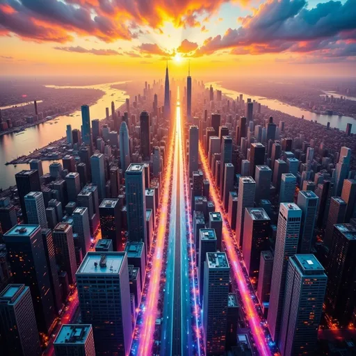 Prompt: flying around New York City, aerial view, vibrant skyscrapers, bustling streets, iconic skyline, sunset glowing over the horizon, warm amber light blending with cool shadows, dynamic and exhilarating atmosphere, high definition, ultra-detailed, wide expanse showcasing the beauty of the city, transportive and exhilarating ambiance, a sense of freedom and adventure in exploring an urban wonder.