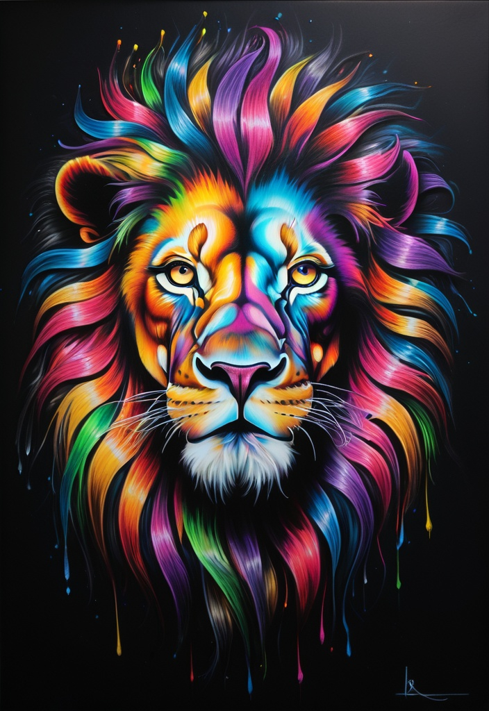 Prompt: a picture of a lion with a colorful mane and eyes is with a black background, Android Jones, crayon art, incredible art, an airbrush painting