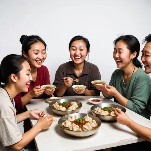 Prompt: a chinese friends of 4 is gathered around a 
 table. They are happily enjoying a meal of Nepalese momo  with no sauce.Their expressions are filled with joy and camaraderie as they savor the delicious food and share lively conversation. The photo has white big background

