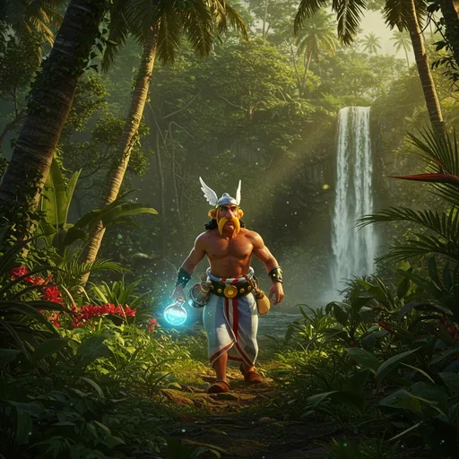 Prompt: Asterix Srilankan version 
Realistic going to magic potion full body with jungle backdrop 
