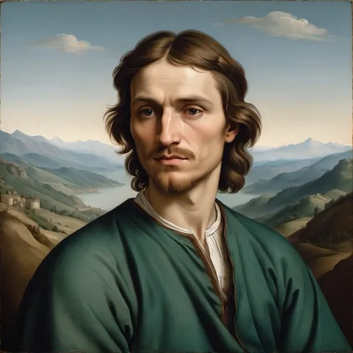 Prompt:  A painted portrait of man with mountains in the style of painter Raphael 