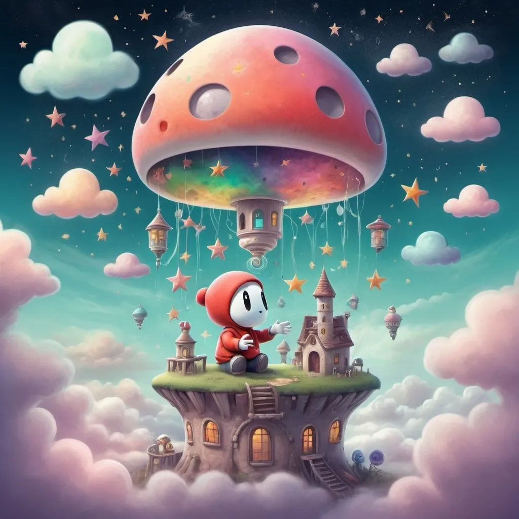 Prompt: (Shy guy), operating a dream machine, whimsical design, surreal atmosphere, enchanting colors, dreamy pastel hues, soft lighting, quaint background, filled with clouds and stars, beautifully detailed elements depicting dreams and the dream world, high-quality illustration, capturing the essence of imagination and wonder.