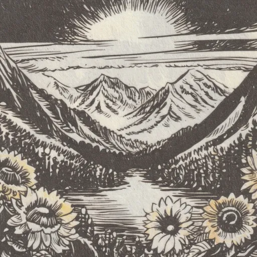 Prompt: (symmetrical tattoo design), (mountain range), (river flowing down the center), (vibrant sunflowers in the forefront), intricate details, organic shapes, deep earthy tones accentuated by bright yellow petals, tranquil ambiance, high-quality illustration, captivating and bold aesthetics, perfect for body art enthusiasts, ultra-detailed craftsmanship, rising sun over mountain range