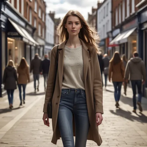 Prompt: Tall young woman walking down the high street, detailed clothing, realistic, natural lighting