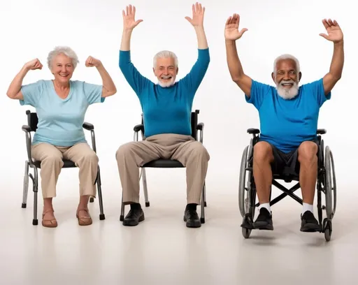 Prompt: Chair Exercises for Seniors: Easy and Safe Workouts to Build Strength, Increase Flexibility, Regain Mobility and Enhance Mental Wellbeing. 3 persons with mixed race and gender. one senior in a wheelchair.  only chairs, no training tools (at most a stretch band just hanging over a chair, not used. all seniors doing the same exercise. not all seniors have white hair/beard. trainees are happy and well-dressed and look close to real humans.