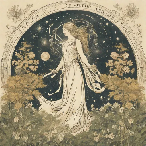 Prompt: An artistic illustration of a Virgo maiden tending to a garden of stars, symbolizing the connection between the earthly and celestial realms. Include the phrase "Earthly Soul, Celestial Mind" in an elegant script font below the illustration to capture the duality of Virgo's nature.
