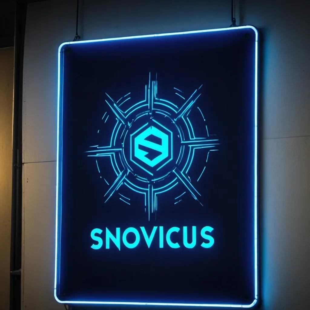 Prompt: A wide format sign that is blue and cyber punk style that reads 'Snovicus'
