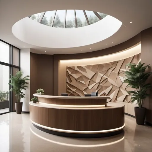 Prompt: I want a three-dimensional design for the reception desk with windows overlooking the outside courtyard in a five-star luxury hotel, in a modern style. The design idea of ​​the hotel is the mountain and plants are used in it. The colors used are shades of brown and beige and part of white. The reception design is curved and large and can accommodate five employees. And five seats, behind which there are windows overlooking the outside
