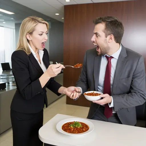 Prompt: businesswoman feeding a businessman with goulash in the office lobby
