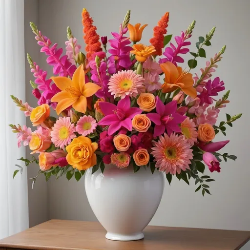 Prompt: A huge bouquet of pink, orange, fuschia and yellow flowers of different varieties in a large white vase.