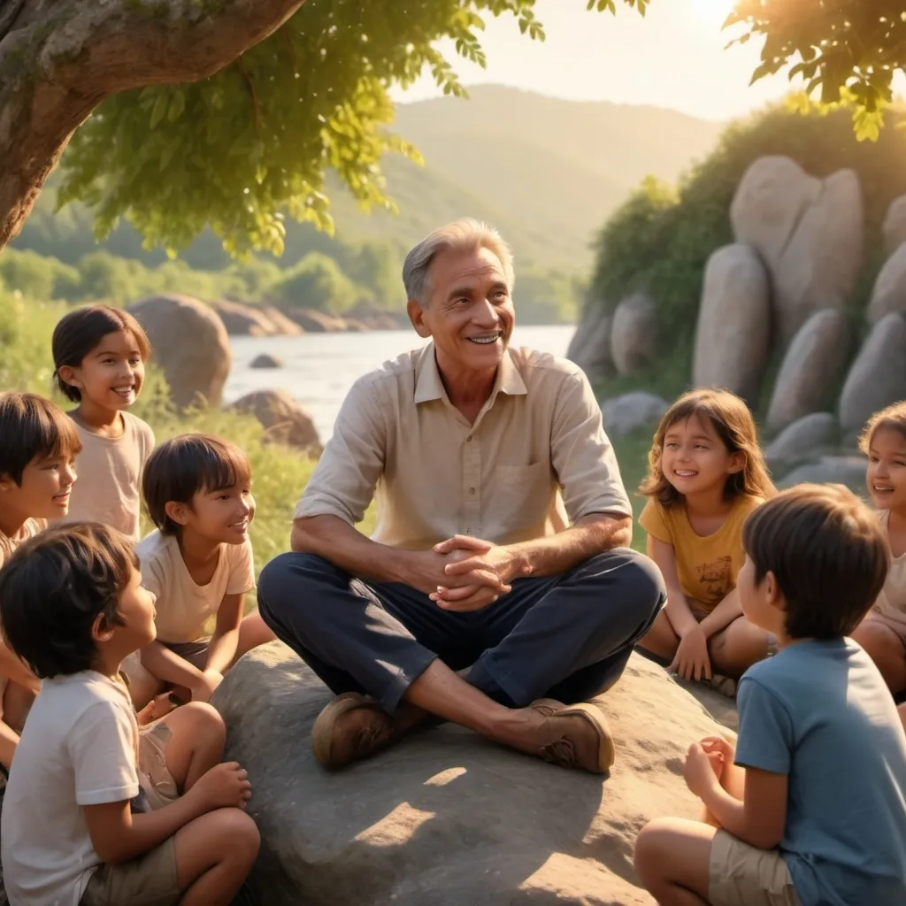 Prompt: (eld man), sitting on a rock, animated storytelling, surrounded by children, engaged audience, expressions of wonder, warm sunlight illuminating the scene, natural outdoor setting, lush greenery in the background, (cheerful atmosphere), captivating moment, children of various ages, high detail, 4K quality, golden hour lighting, storytelling essence.