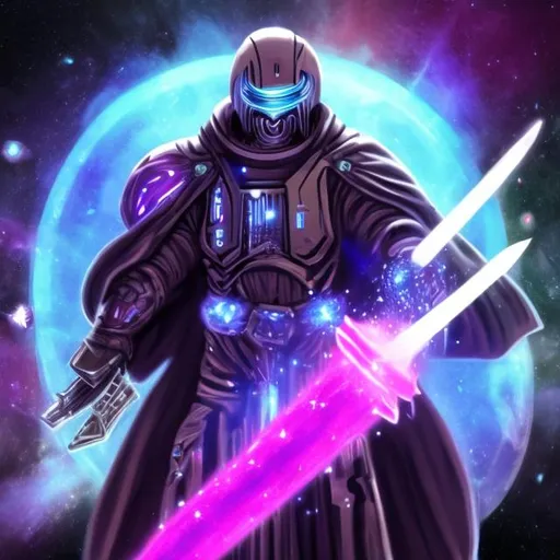 Prompt: Dominus in a galaxy whit a cool sword and purple 
