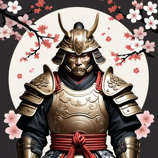 Prompt: Central Figure:

A stylized samurai, drawn in a modern and dynamic art style.
The samurai should have traditional armor with intricate details, emphasizing strength and valor.
The helmet (kabuto) should have prominent horns (maedate) and a fierce facial expression on the mask (menpō).
Background Elements:

A circular background behind the samurai, symbolizing a rising sun or moon.
The background should have a gradient or stylized pattern, possibly incorporating elements of Japanese art such as waves or clouds.
On one side of the samurai, include cherry blossoms (sakura) in bloom, with petals subtly drifting away.
Color Scheme:

Use a bold color palette with primary colors being black, red, and white, with accents of gold or silver for armor details.
The cherry blossoms should be bright red in color to provide contrast and balance to the bold colors.
Text Elements:

The text "Jomototan Games" should be integrated into the logo, below the central figure.
Use a strong, modern font with a slight oriental touch to reflect the theme.
The text color should complement the main color scheme, possibly white or gold to stand out against the background.
Overall Style:

The style should be a mix of traditional Japanese art and modern graphic design.
Ensure the lines are clean and the design is cohesive, making the logo easily recognizable and memorable.

