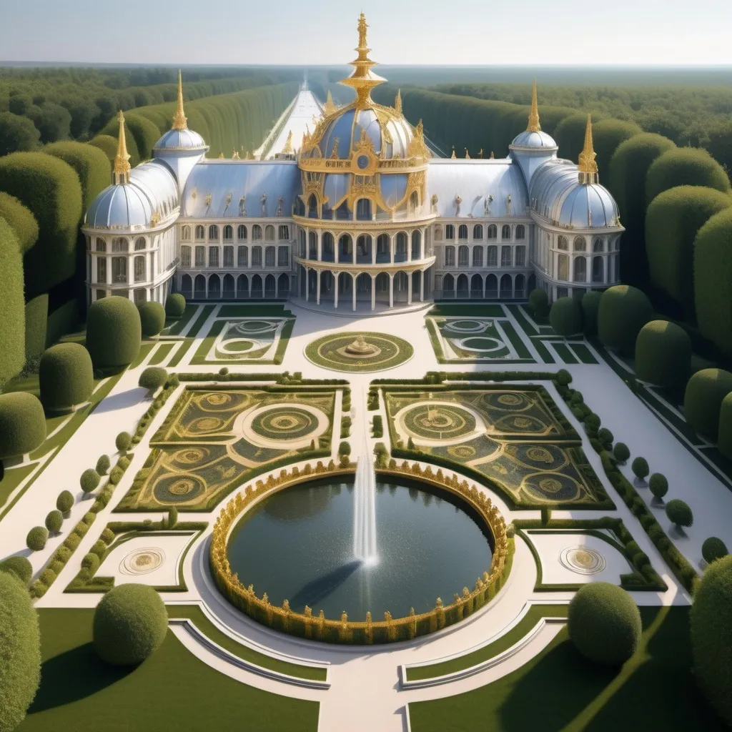 Prompt: a gothic themed huge palace made of silver and gold that looks similar to the palace of versailles with huge gardens and a biug fountain in the middle