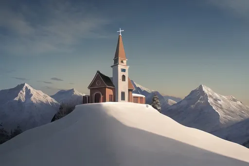 Prompt: A small brick chapel with a steeple is sitting on a hilltop in the mountains covered with snow during the winter.