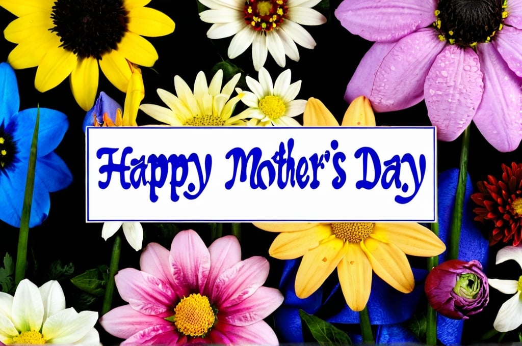 Prompt: "Happy Mothers Day" text in front of a garden of various flowers.