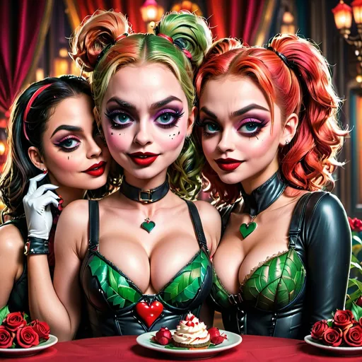 Prompt: Harley Quinn, Catwoman, and Poison Ivy in a romantic Valentine's Day setting, illustration, vibrant colors, romantic atmosphere, detailed facial expressions, iconic costumes, high quality,  vibrant colors, romantic lighting, detailed facial expressions, Valentine's Day theme