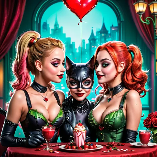 Prompt: Harley Quinn, Catwoman, and Poison Ivy in a romantic Valentine's Day setting, illustration, vibrant colors, romantic atmosphere, detailed facial expressions, iconic costumes, high quality,  vibrant colors, romantic lighting, detailed facial expressions, Valentine's Day theme