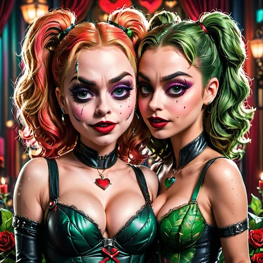 Prompt: Harley Quinn, Catwoman, and Poison Ivy in a romantic Valentine's Day setting, illustration, vibrant colors, romantic atmosphere, detailed facial expressions, iconic costumes, high quality,  vibrant colors, romantic lighting, detailed facial expressions, Valentine's Day theme