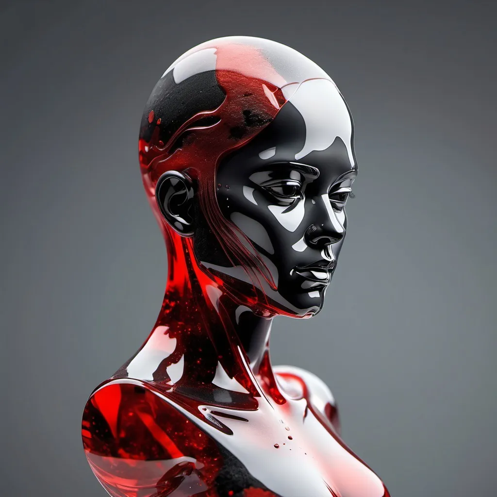 Prompt: Android bust made of mineral, covered in transparent liquid of red and black color, with a minimalist background of gray and light white, realistic 3D effect, minimalist and futuristic.