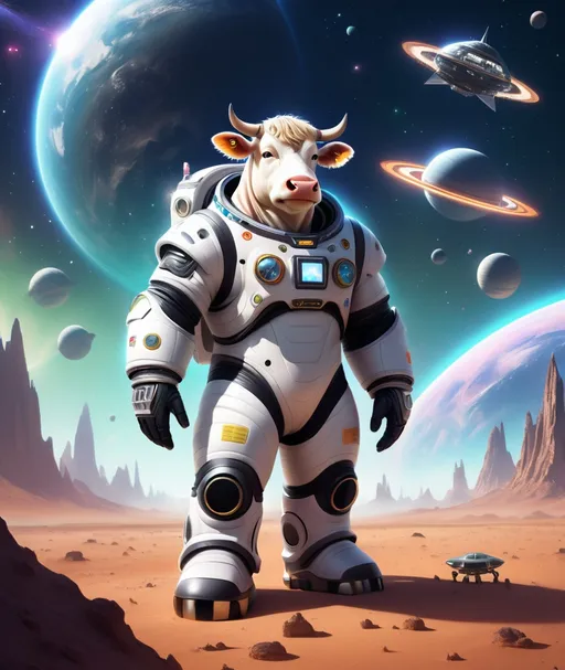 Prompt: An cow in a space suit on an alien planet with space ships in the distance 