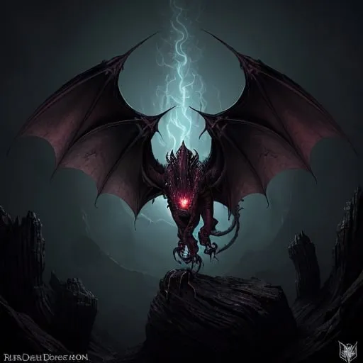 Prompt: a dragon called The Netherbane Dreadwyrm. descrpiton The Netherbane Dreadwyrm's scales are not merely black but appear as if forged from the very essence of shadows, radiating an oppressive aura that instills fear in those who gaze upon it. Its eyes glow with a sickly crimson light, and its claws and fangs are stained with the souls of its victims.

