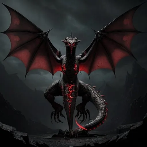 Prompt: a dragon called The Netherbane Dreadwyrm. descrpiton The Netherbane Dreadwyrm's scales are not merely black but appear as if forged from the very essence of shadows, radiating an oppressive aura that instills fear in those who gaze upon it. Its eyes glow with a sickly crimson light, and its claws and fangs are stained with the souls of its victims.

