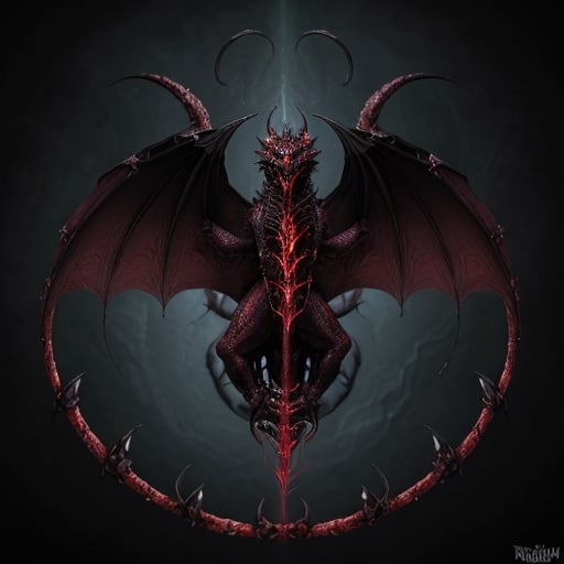 Prompt: a dragon called The Netherbane Dreadwyrm. descrpiton The Netherbane Dreadwyrm's scales are not merely black but appear as if forged from the very essence of shadows, radiating an oppressive aura that instills fear in those who gaze upon it. Its eyes glow with a sickly crimson light, and its claws and fangs are stained with the souls of its victims.

