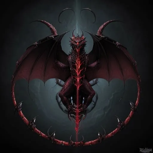 Prompt: a dragon called The Netherbane Dreadwyrm. descrpiton The Netherbane Dreadwyrm's scales are not merely black but appear as if forged from the very essence of shadows, radiating an oppressive aura that instills fear in those who gaze upon it. Its eyes glow with a sickly crimson light, and its claws and fangs are stained with the souls of its victims.

