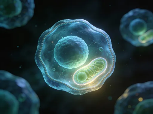 Prompt: Clean, modern 3D visualization of a human cell, simplified structure, glowing mitochondria, soft light, calm colors, premium scientific aesthetic, realistic but not technical, focus on energy and balance, dark neutral background, high-end medical branding style