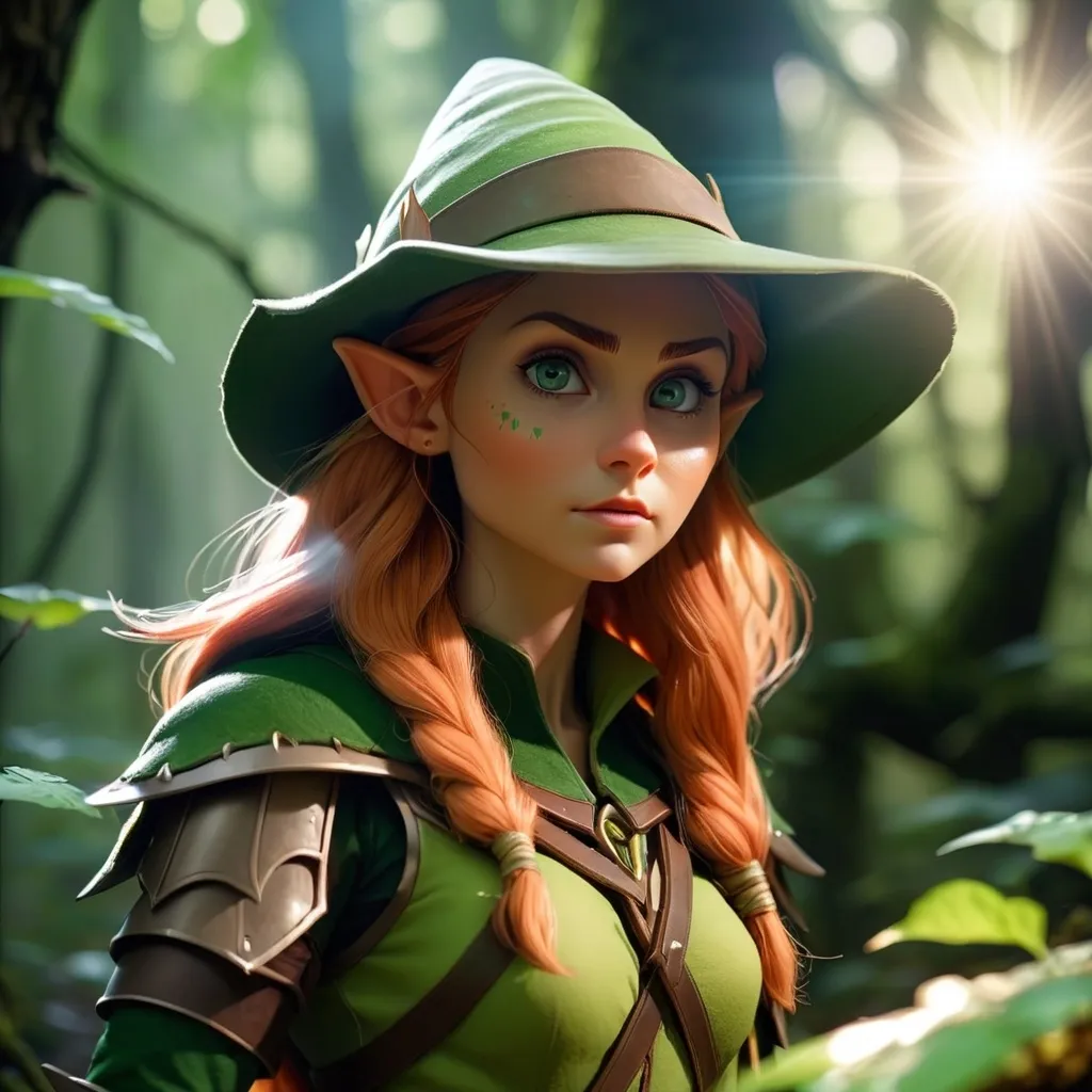 Prompt: Elf ranger in a mystical forest around sunlight