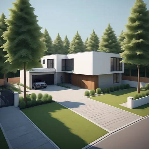 Prompt: a computer generated image of a modern house with a large driveway and trees in front of it and a fenced in area, Ben Enwonwu, lyco art, isometric view, a digital rendering