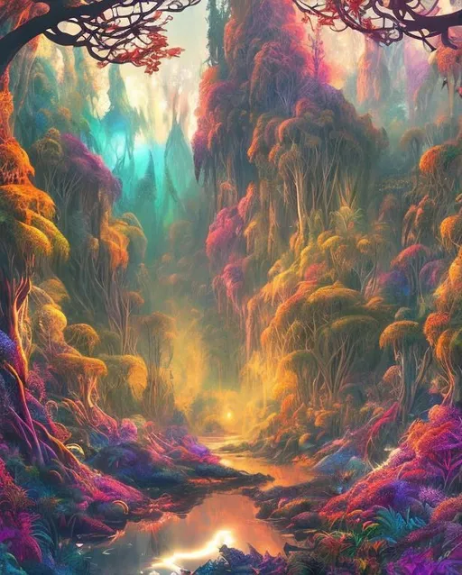 Prompt: Vibrant, high-contrast digital artwork of a mystical forest, rich and warm tones, glowing magical elements, detailed foliage, high quality, fantasy, enchanted forest, vibrant colors, atmospheric lighting