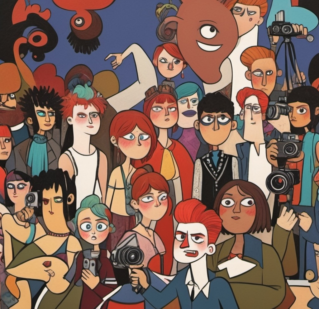 Prompt: a group of people with different colored hair and makeup are standing together in front of a cartoon character with a camera, Altoon Sultan, art brut, promotional image, concept art