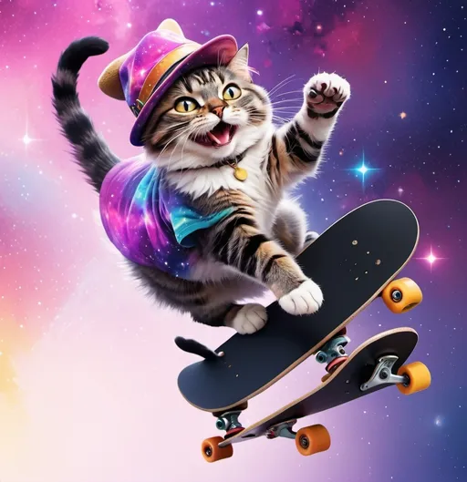 Prompt: a cartoon picture of a cat with a hat on its head and a leg on a skateboard in the air, Cosmo Alexander, furry art, galaxy, an anime drawing