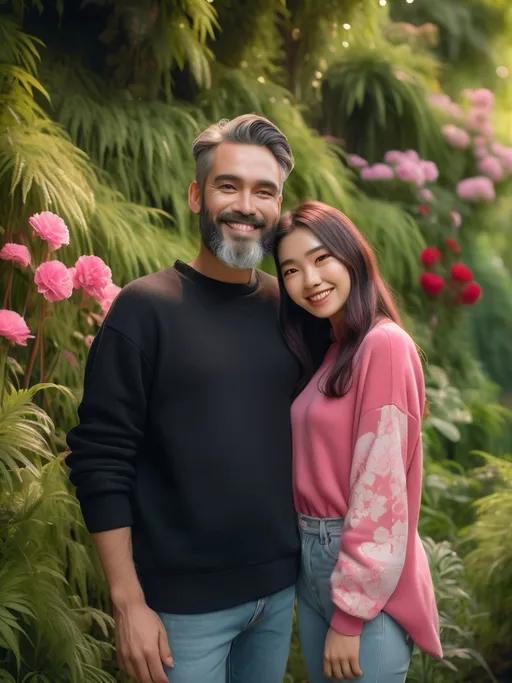 Prompt: Beneath a lush green backdrop illuminated by soft, ambient lighting, a couple stands closely together, exuding warmth and happiness. The man, wearing a black sweater and denim jeans, sports a light beard and a red mark on his forehead, symbolizing cultural significance. Next to him, the woman radiates joy in a delicate pink outfit adorned with floral patterns, her hair cascading softly over her shoulders. They both smile brightly, the intimate connection between them palpable in the shared moment, as night cloaks the scene in a cozy, celebratory ambiance. The vibrant foliage adds a lively touch to the atmosphere, enhancing the overall sense of togetherness and joy.