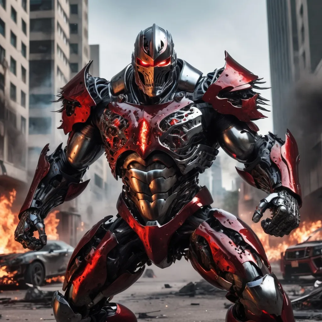 Prompt: Spawn, cyborg, (((Knight))) in (black and red chrome armour), smashing cars, huge muscles, hyper-real, super detail, intricate, raging, punching, burning buildings in the background
