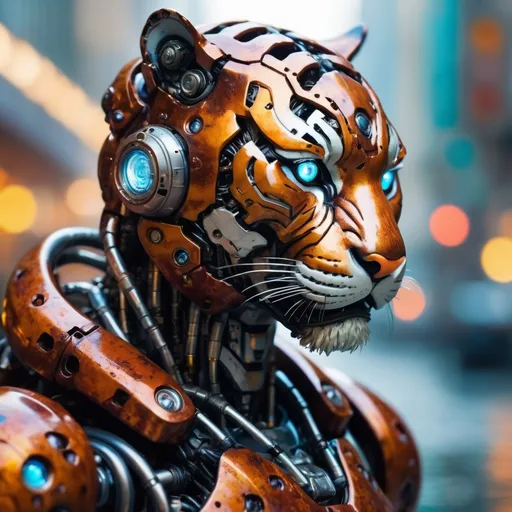 Prompt: Portrait photo of cyborg tiger, mech suit, (light bokeh), intricate, (translucent) liquid water [rust]), elegant, sharp focus,  soft lighting, vibrant colors, masterpiece, ((streets)), detailed face
