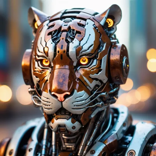 Prompt: Portrait photo of cyborg tiger, mech suit, (light bokeh), intricate, (translucent) liquid water [rust]), elegant, sharp focus,  soft lighting, vibrant colors, masterpiece, ((streets)), detailed face
