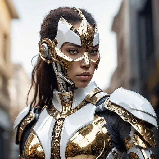 Prompt: Beautiful female cyborg, (((Knight))) in (white and gold chrome armour), hyper-real, super detail, intricate, detailed face, fantasy world in the background