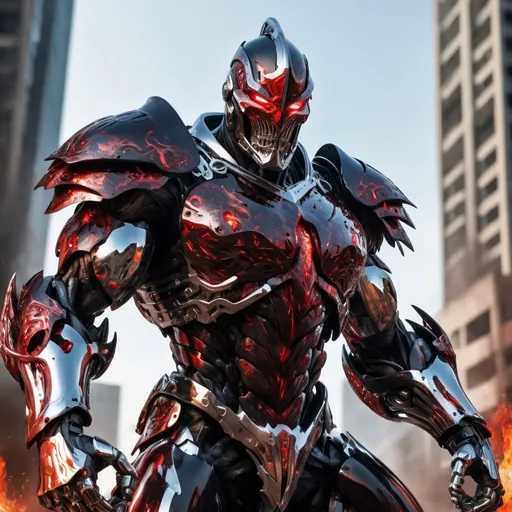 Prompt: Spawn, cyborg, (((Knight))) in (black and red chrome armour), huge muscles, hyper-real, super detail, intricate, raging, punching, burning buildings in the background
