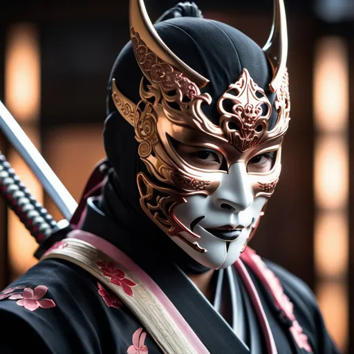 Prompt: Hyper real, portrait photography of ninja:9 wearing traditional Hannya mask:9 [white and rose gold] :9 intricate detail, holding katana:9, linsane detail, cinematic atmosphere, low light, [bokeh]