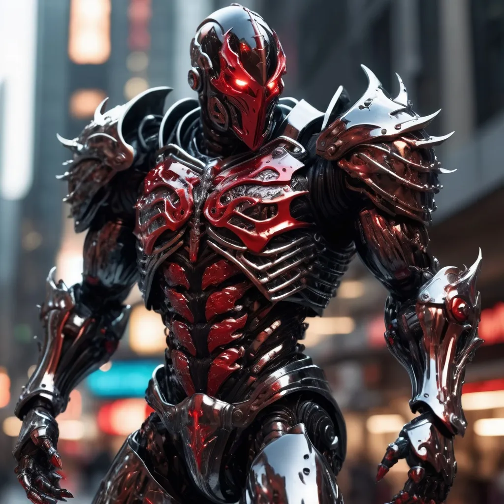 Prompt: Giant (Spawn), cyborg, cybernetic (((Knight))) in (black and red chrome armour), huge muscles, hyper-real, super detail, intricate, (bokeh)
