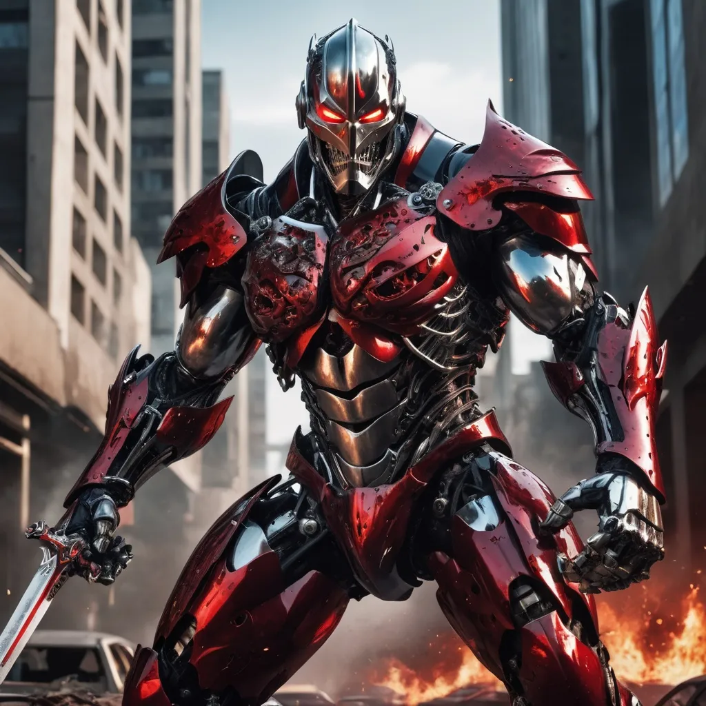 Prompt: Spawn, cyborg, (((Knight))) in (black and red chrome armour), smashing cars, huge muscles, hyper-real, super detail, intricate, raging, punching, burning buildings in the background
