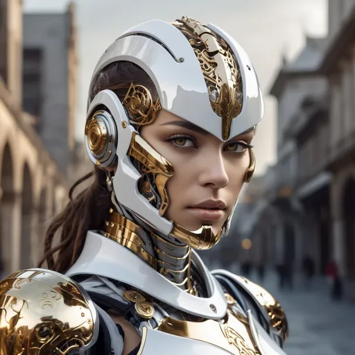 Prompt: Beautiful female cyborg, (((Knight))) in (white and gold chrome armour), hyper-real, super detail, intricate, detailed face, fantasy world in the background