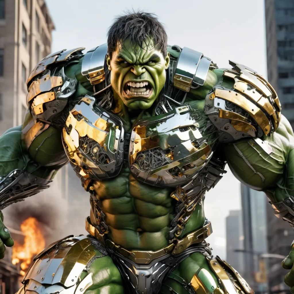 Prompt: The Incredible Hulk, cyborg, (((Knight))) in (green and gold chrome armour), huge muscles, hyper-real, super detail, intricate, detailed face, angry, gritting teeth, broken and burning buildings in the background